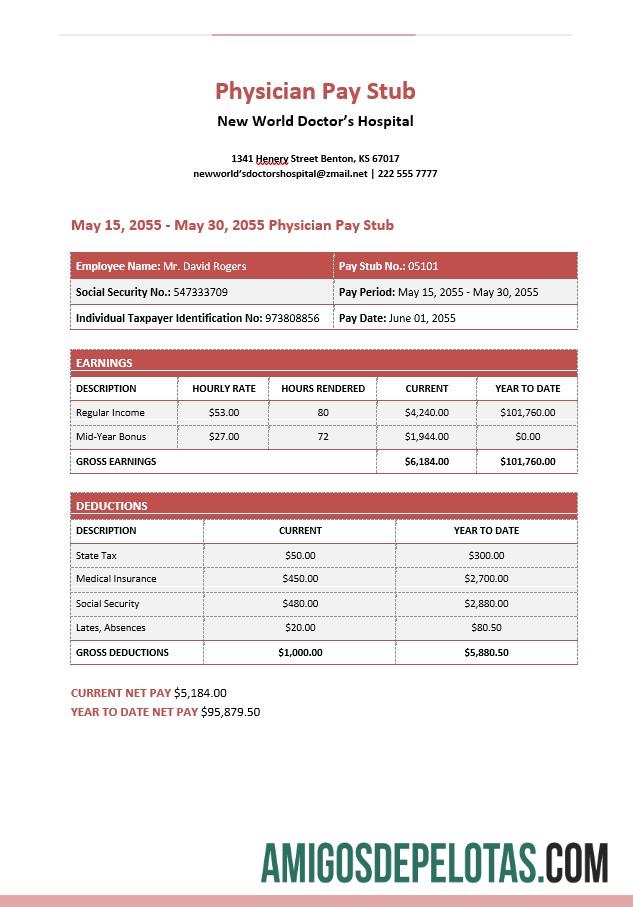 Recibo de pagamento do médico do New World Doctor's Hospital em formatos PDF e Word amostra